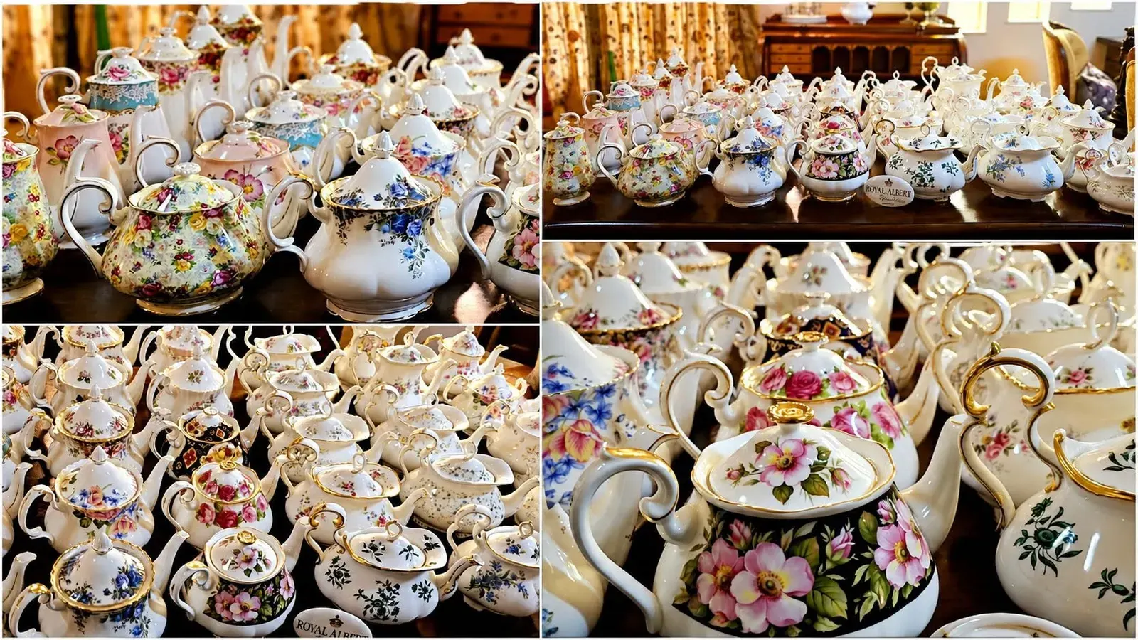 A display of Royal Albert teapots and tea sets