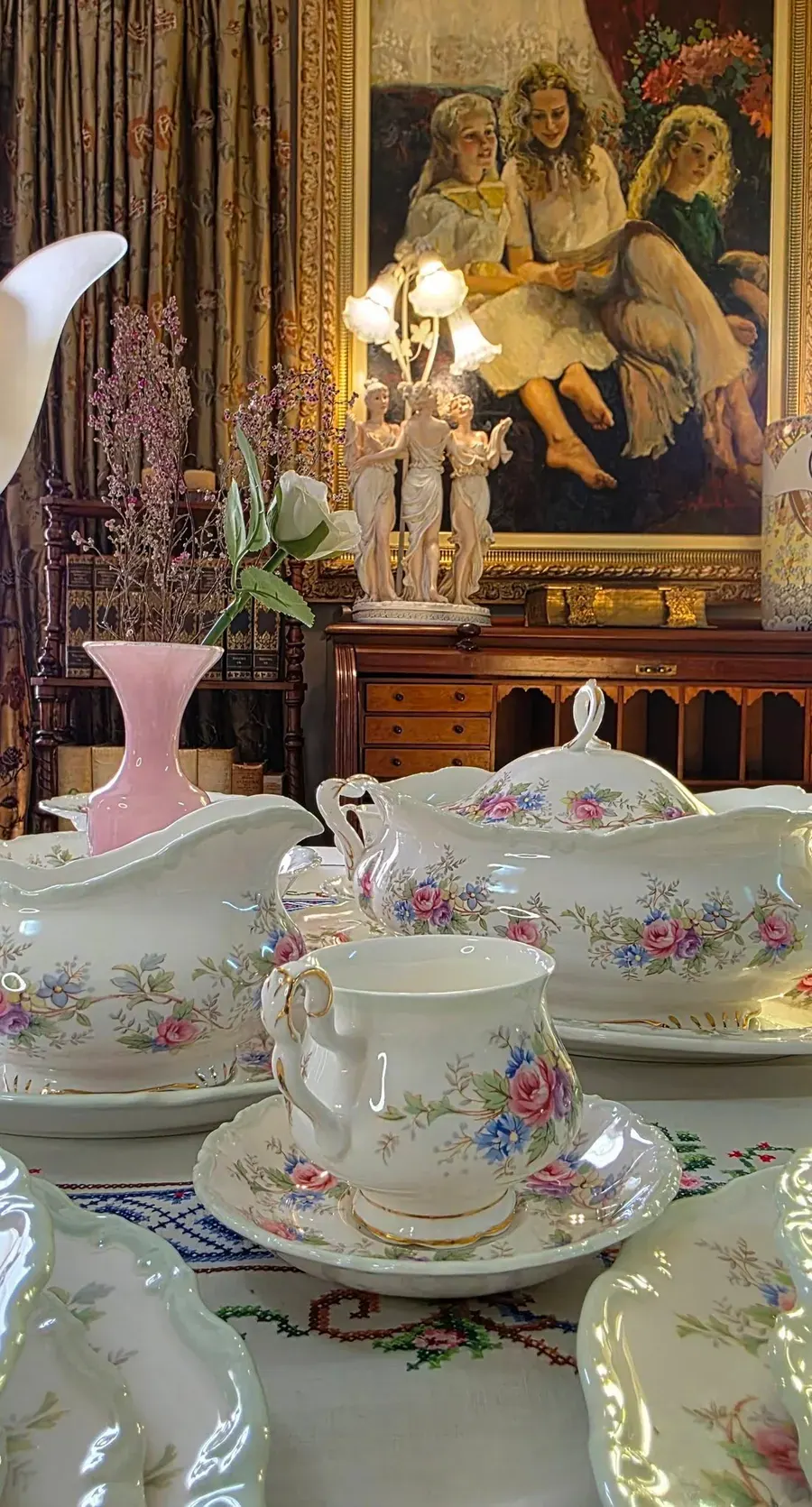Royal Albert serving dishes and a tureen on a table