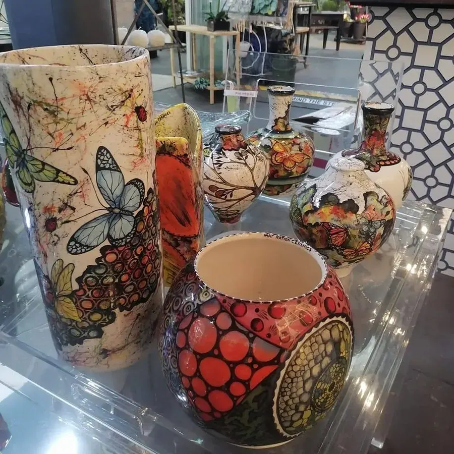 Painted vases in a display