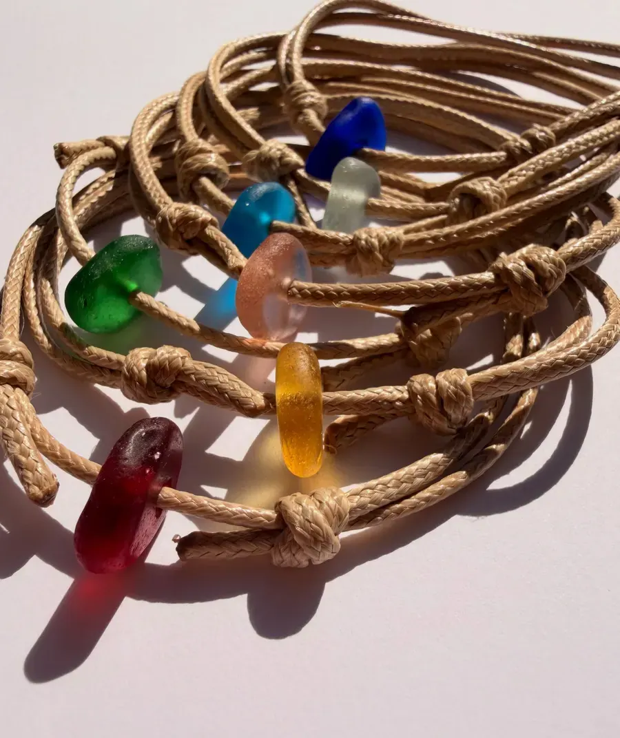 Cord bracelets with coloured sea glass