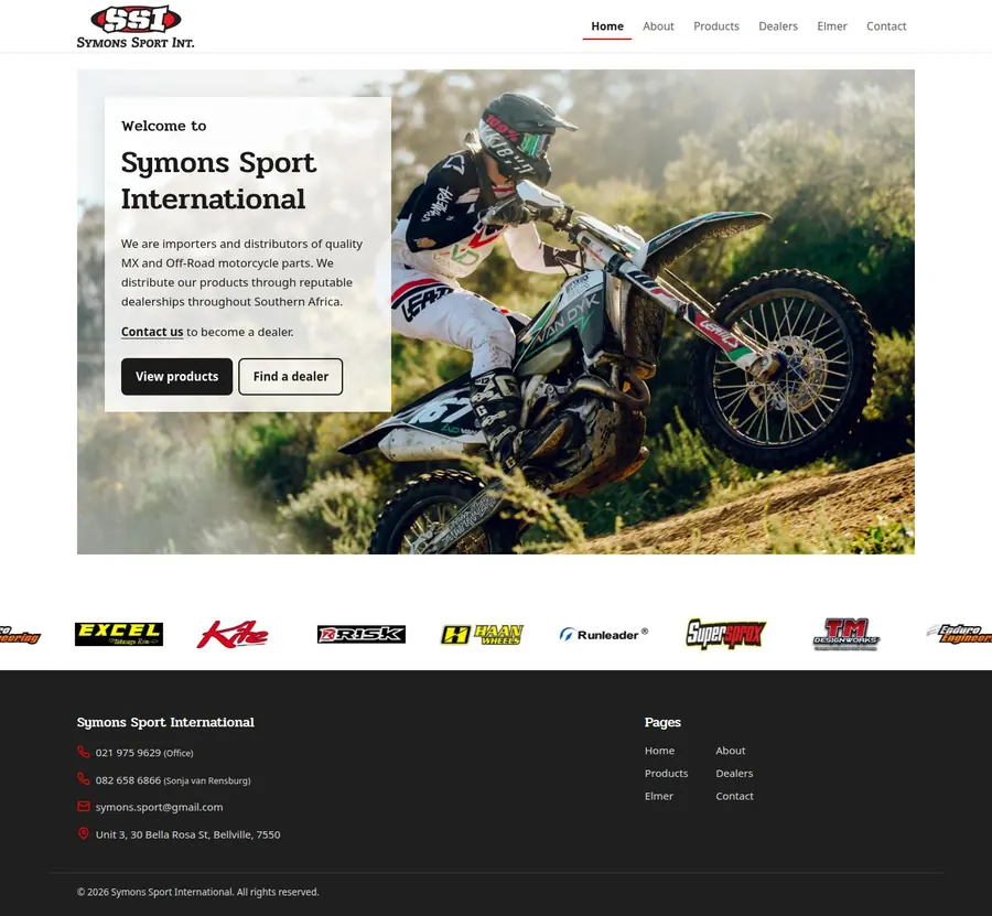 Symons Sport International home page, scrolled from top to bottom