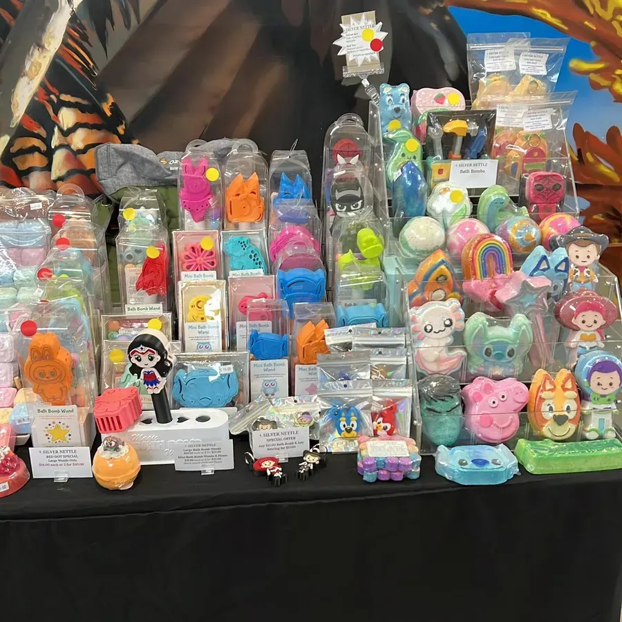 A market stall with soaps and bath bombs