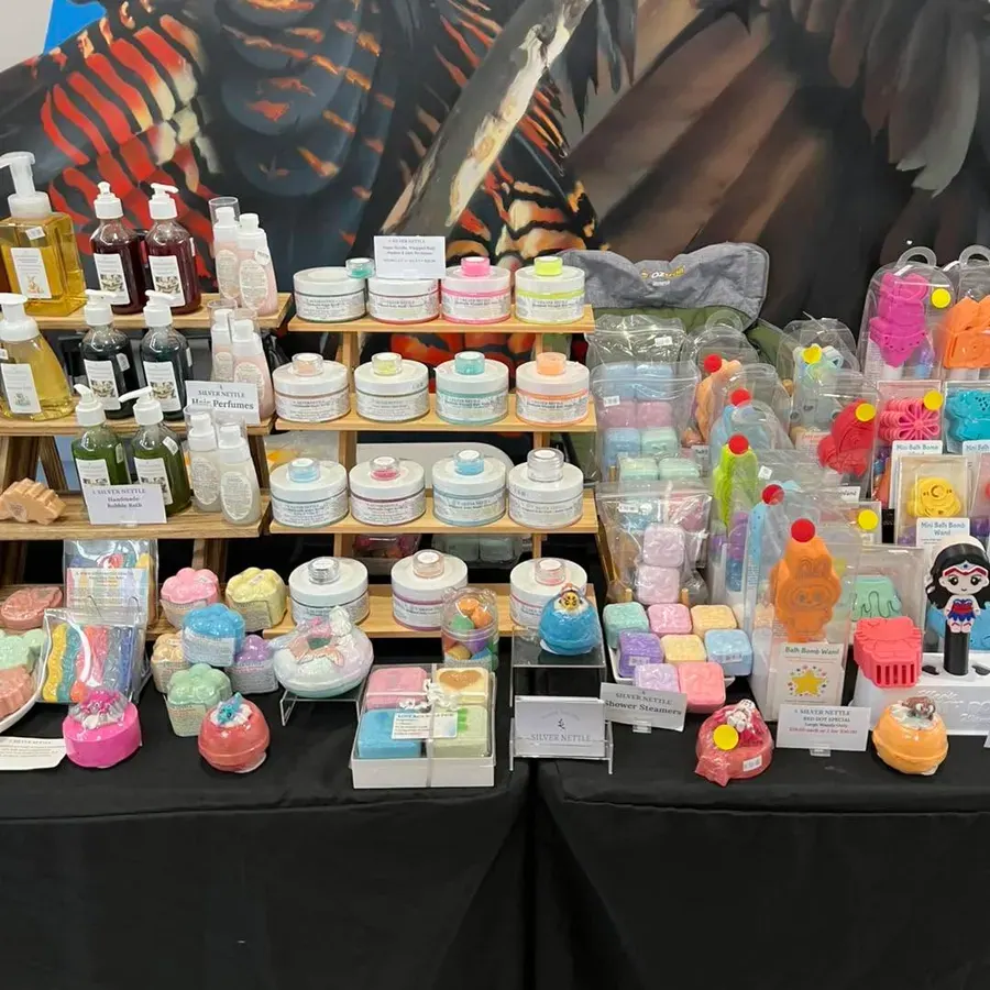 A market stall full of soaps and bath bombs