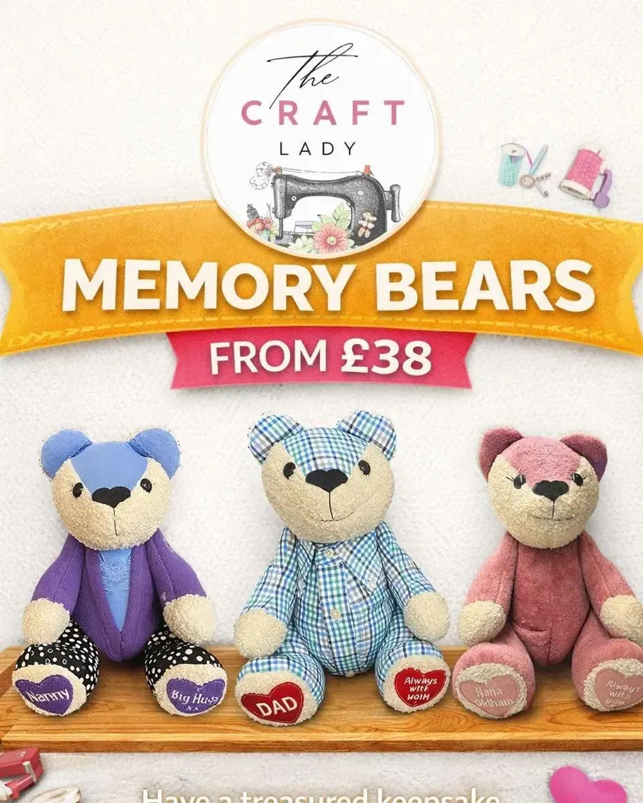 Handmade memory bears in blue, pink and patterned fabric