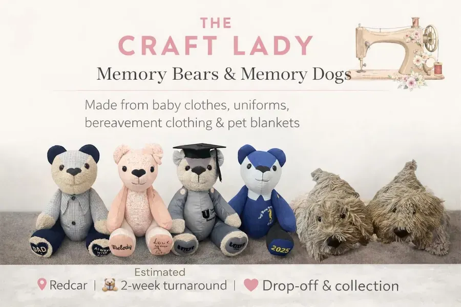 Memory bears and a memory dog on a table