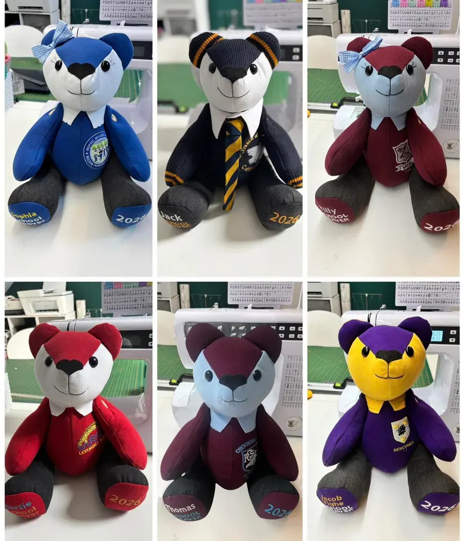 A collection of bears made from school uniform fabric
