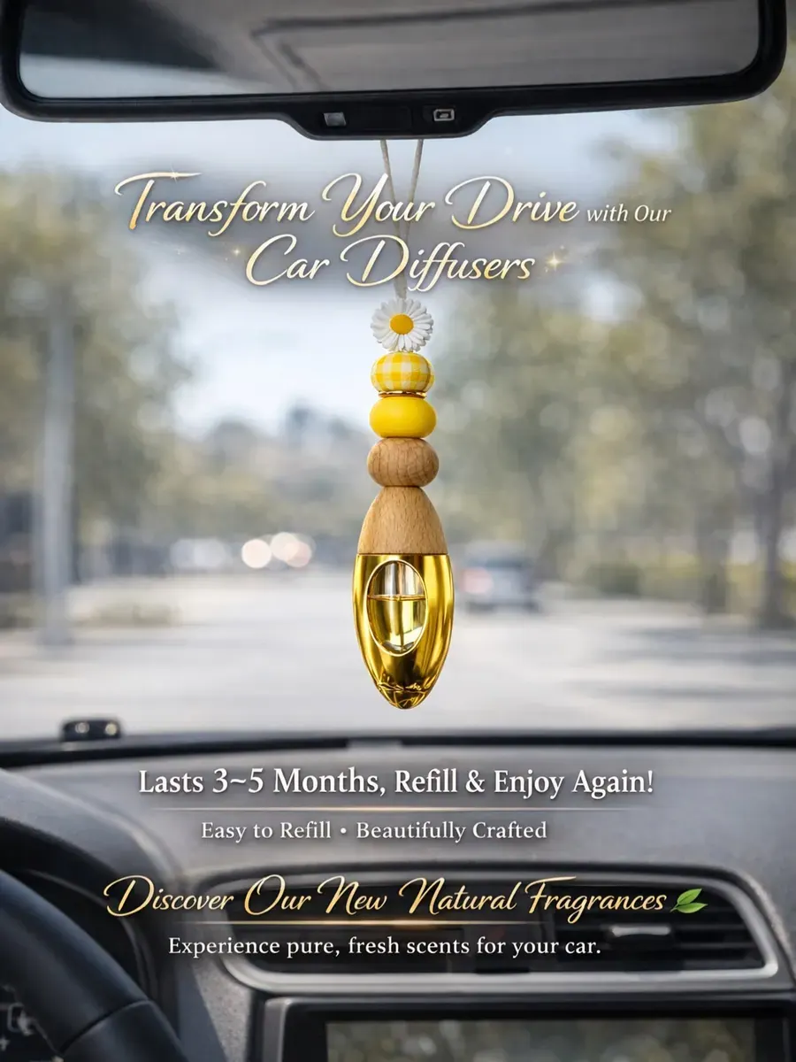 A wooden bead car diffuser hanging from a rear-view mirror
