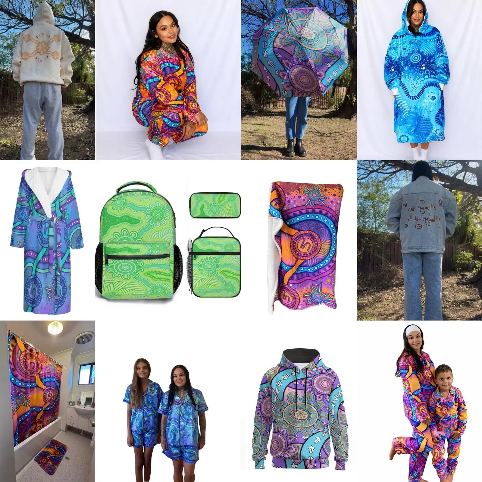 Colourful printed backpacks, towels and clothing